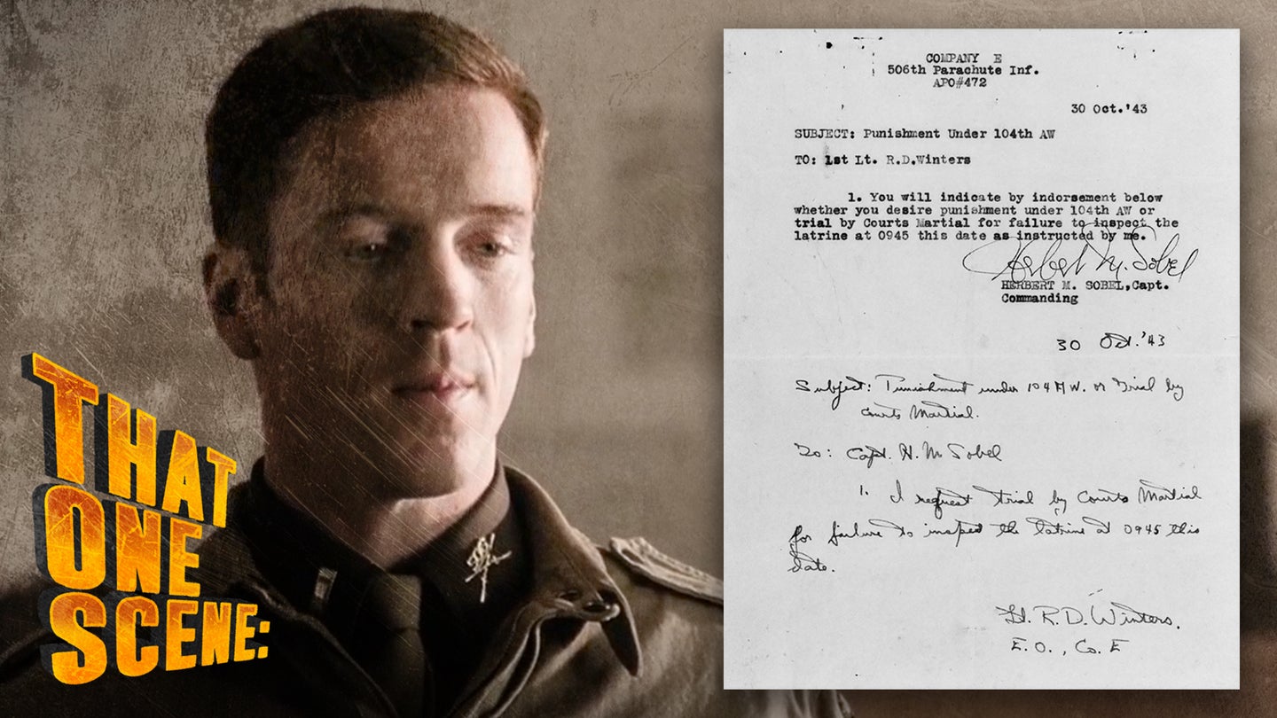 A photo composite showing Damian Lewis as Richard 'Dick' Winters in HBO's 'Band of Brothers' alongside the actual court martial request that Winters signed.