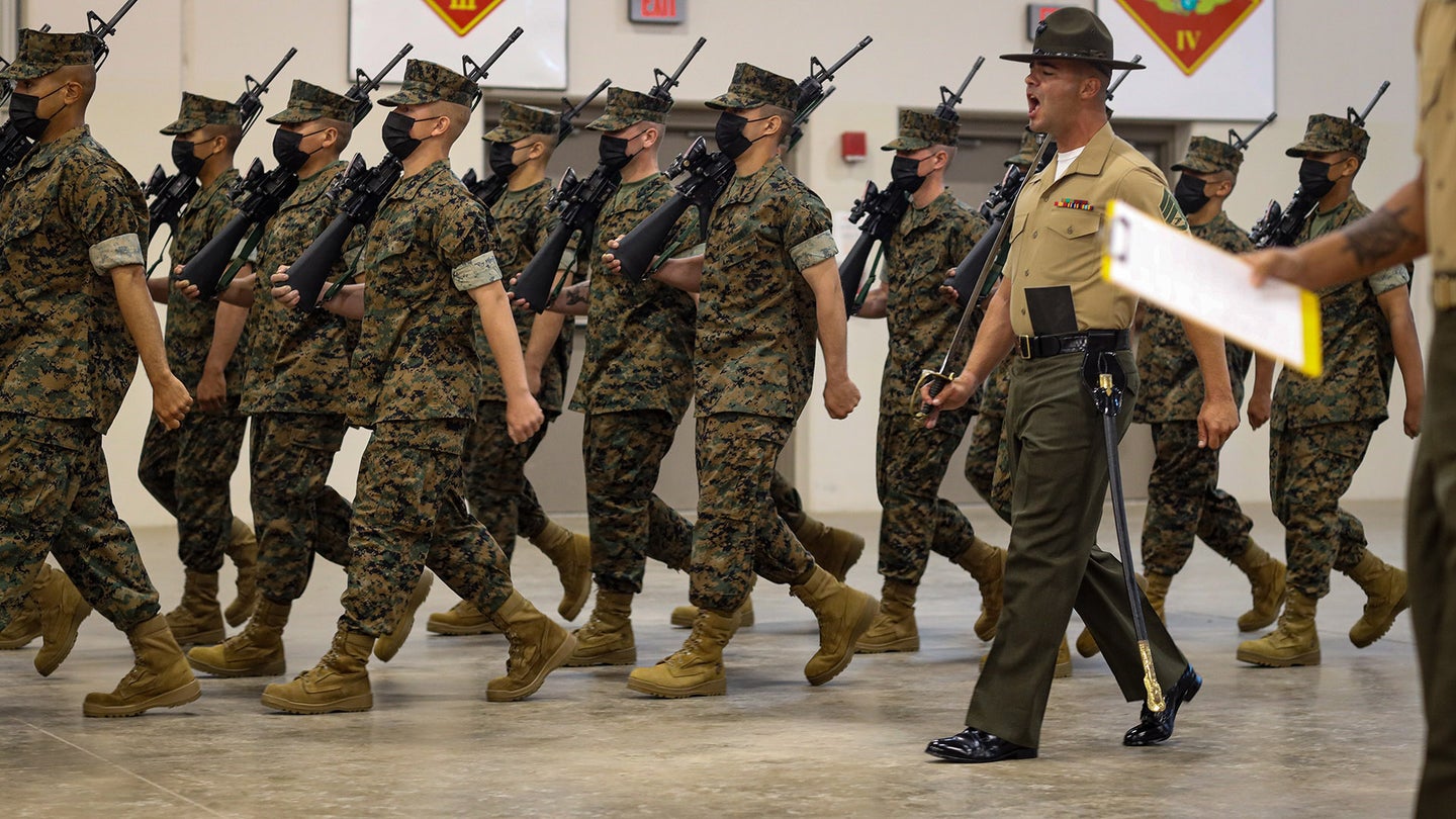 FILE PHOTO: Marine recruits complete Final Drill aboard Marine Corps Recruit Depot Parris Island, S.C., July 28, 2021. (U.S. Marine Corps photo by Cpl. Samuel C. Fletcher)
