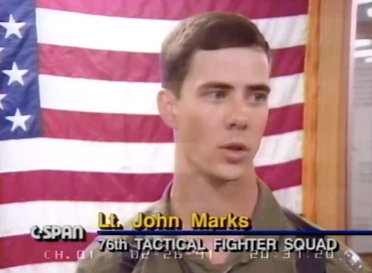 Lt. John Marks and his wingman Capt. Eric Salomonson were interviewed by a joint media pool in Saudia Arabia shortly after destroying 23 Iraqi tanks in one day (Screenshot via C-SPAN)