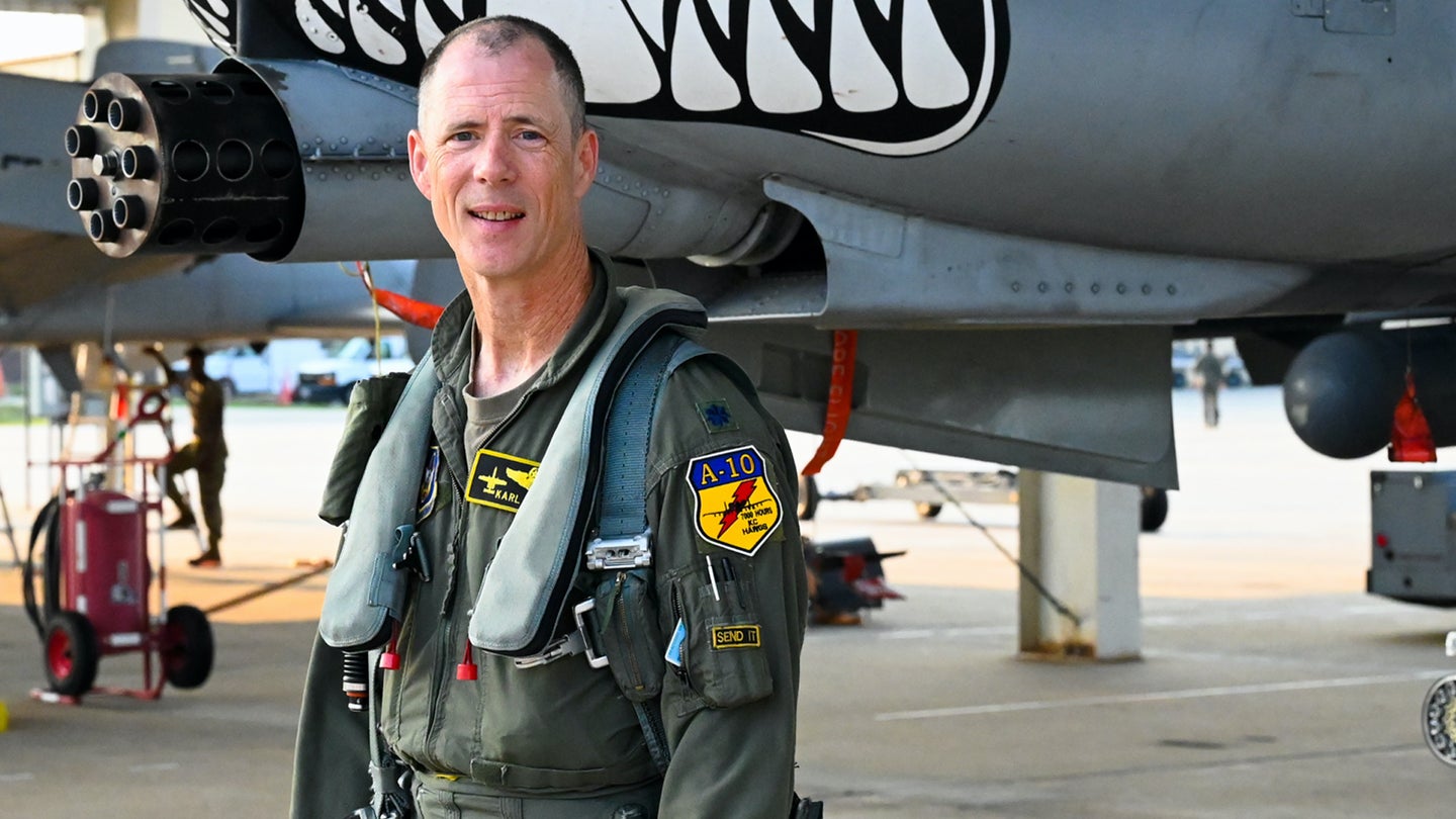 Lt. Col. John “Karl” Marks stands in front of an A-10C Thunderbolt II on Sept. 1, 2021 at Whiteman AFB, Mo. Marks reached a historic 7,000 hours in the A-10C and is the longest flying A-10 pilot to date. (Air Force photo / Maj. Shelley Ecklebe)
