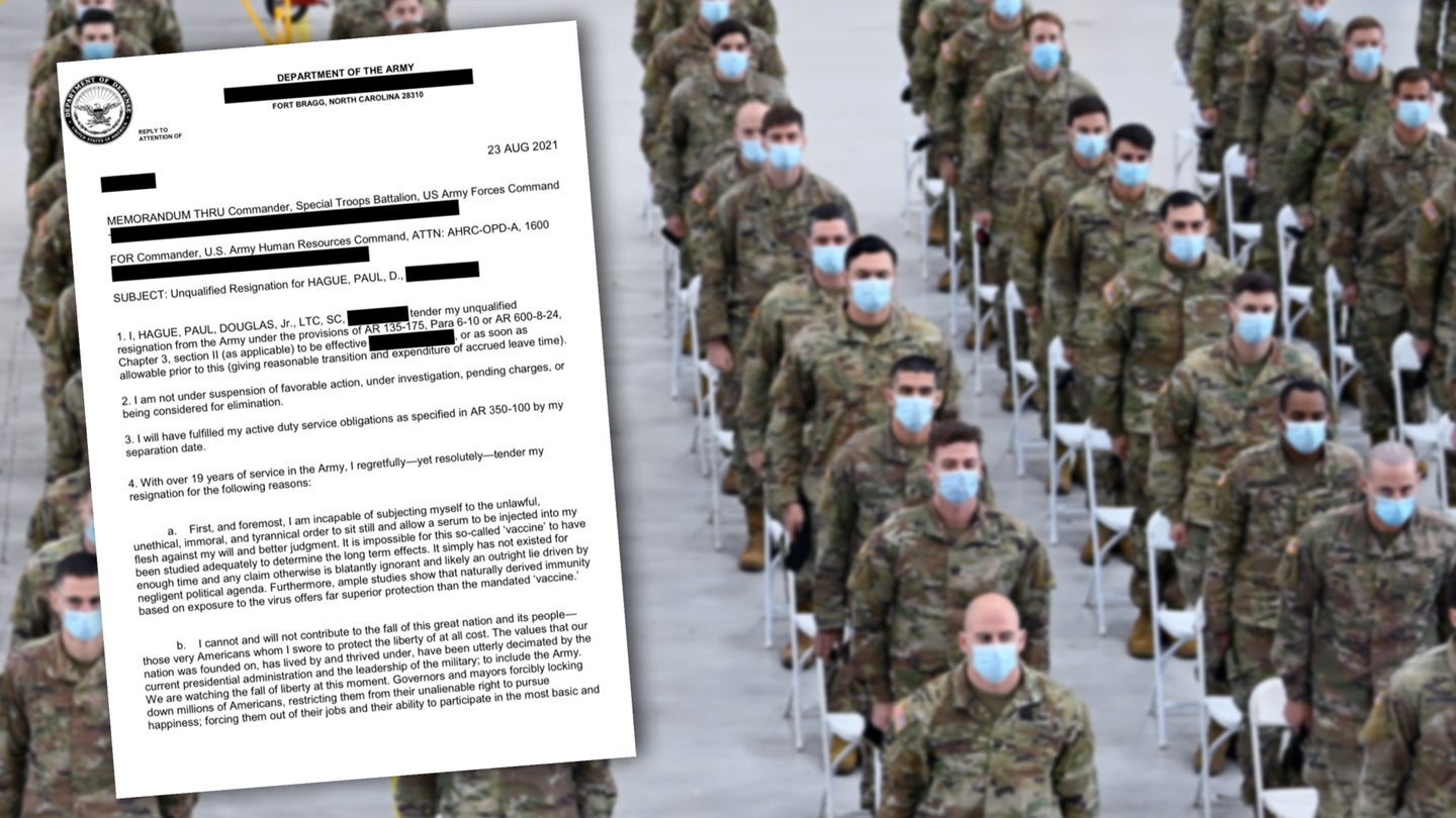 Photo composite of Lt. Col. Paul Hague's resignation letter and soldiers. (via Task & Purpose)