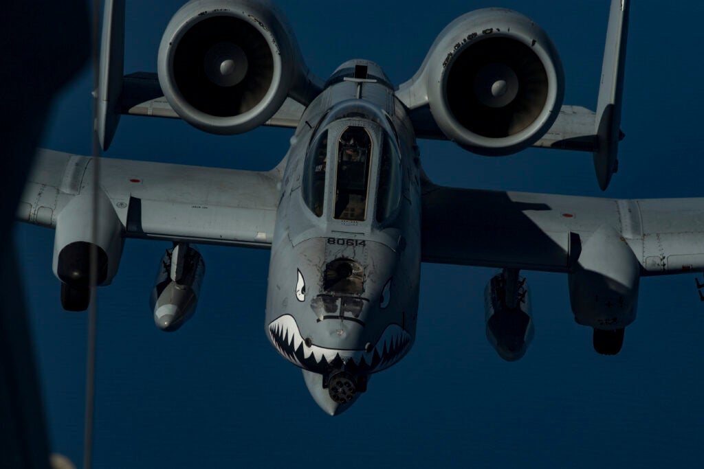 A U.S. Air Force A-10 Thunderbolt II approaches a U.S. Air Force KC-10 Extender above the U.S. Central Command area of responsibility, Jan. 17, 2020. The Thunderbolt II is a highly accurate, global reach airframe that provides U.S. and coalition forces a maneuverable close air support and precision strike platform. (U.S. Air Force photo by Staff. Sgt. Daniel Snider)