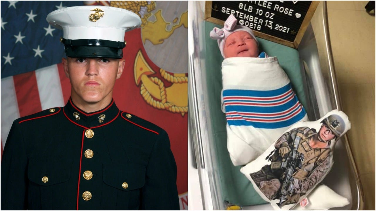 Lance Cpl. Rylee McCollum (left via U.S. Marines) and his newborn daughter, Levi (right via Facebook).