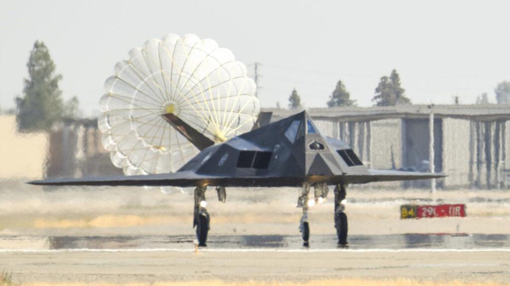F-117 Nighthawks are accompanied by F-15 Eagles on the flightline of the 144th Fighter Wing located at the Fresno Air National Guard Base, Calif. Sept. 15, 2021. (Air National Guard photo by Capt. Jason Sanchez)