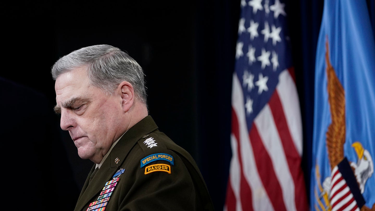 Joint Chiefs of Staff Gen. Mark Milley listens during a briefing with Secretary of Defense Lloyd Austin at the Pentagon in Washington, Wednesday, Sept. 1, 2021, about the end of the war in Afghanistan. (AP Photo/Susan Walsh)