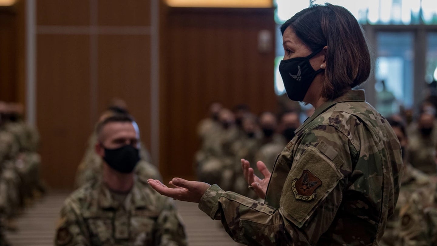Chief Master Sgt. of the Air Force JoAnne S. Bass speaks to Airmen during an all-call at Kadena Air Base, Japan, Aug. 23, 2021. (U.S. Air Force photo by Airman 1st Class Anna Nolte)