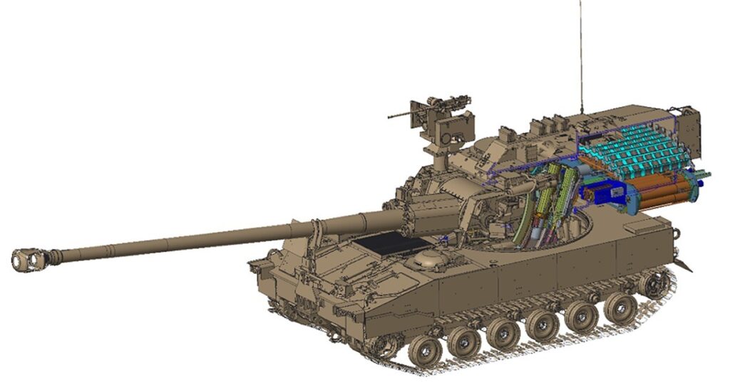 A computer-aided design (CAD) graphic depicts an Extended Range Canon Artillery system integrated onto an M109A7 chassis with colored cutouts showing portions of the full-capacity Ammunition Handling System, which includes the autoloader and magazine. 