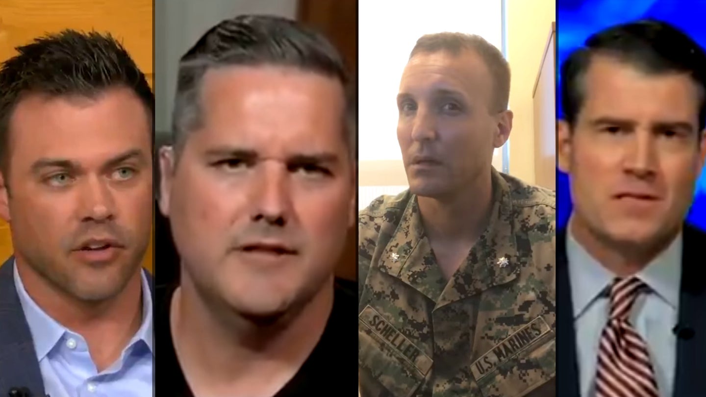 (Left to right) Space Force Lt. Col. Matthew Lohmeier, Army Lt. Col. Paul Hague, Marine Lt. Col. Stuart Scheller, and Navy Cmdr. J.H. Furman. The screenshots show Lohmeier, Hague, and Furman during separate interviews with Fox News hosts and the image of Scheller was pulled from an August Facbook video that ignited controversy.