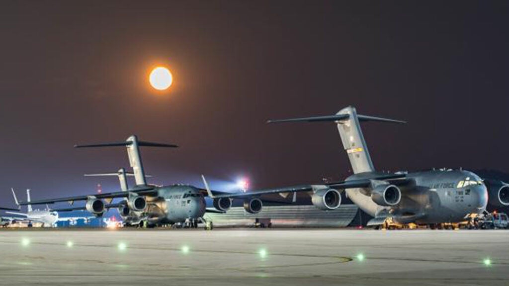 C-17 Globemaster III aircraft prepare to depart Ramstein Air Base, Germany, Aug. 25, 2021. Total Force Air Mobility Air Forces are ‘all-in,’ tasking a large majority of the fleet and crews to Operation Allies Refuge. (U.S. Air Force photo by Tech. Sgt. Donald Barnec)
