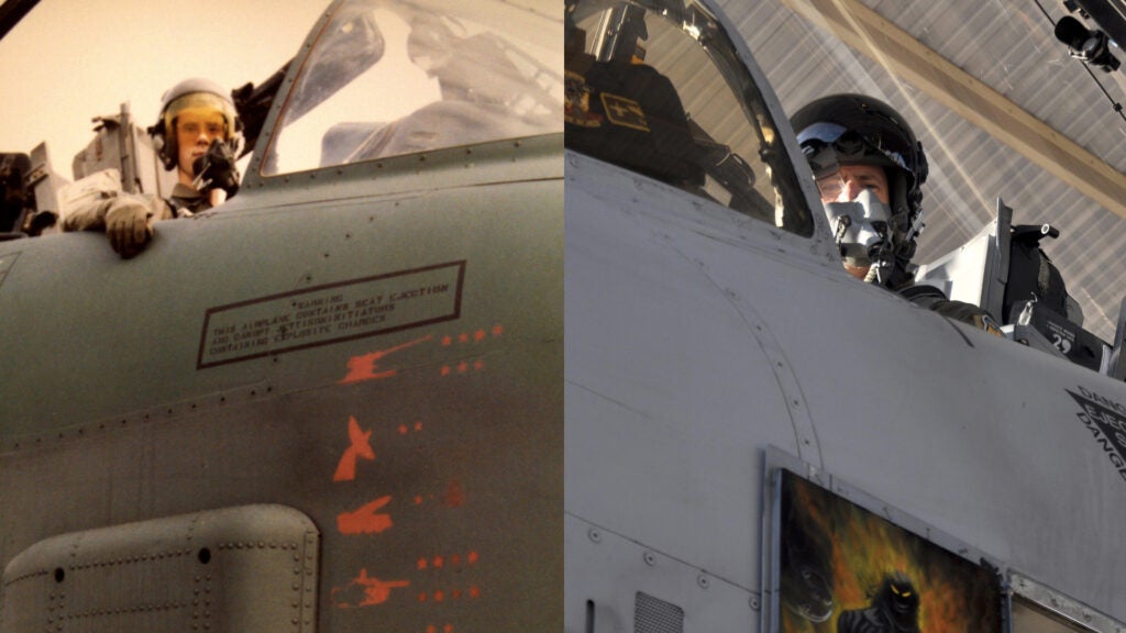 Then, U.S. Air Force 1st Lt. John Marks in an A-10 Thunderbolt II in 1991 next to, now, Lt. Col. Marks in the cockpit of an A-10 at Whiteman Air Force Base, Mo., Nov. 14, 2016. Marks reached 6,000 hours in an A-10 after flying for nearly three decades. (Courtesy photo provided by Lt. Col. Marks)