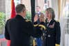 General Curtis M. Scaparrotti, Supreme Allied Commander Europe, offers an oath of commitment to Brig. Gen. Amy Hannah, chief of SHAPE Public Affairs, for her new role as a general officer during Hannah’s promotion ceremony Sept. 5, 2018. Brig. Gen. Hannah has served in the military for 27 years, working multiple tours alongside General Scaparrotti. (NATO photo by Tech. Sgt. Cody H. Ramirez, USAF)