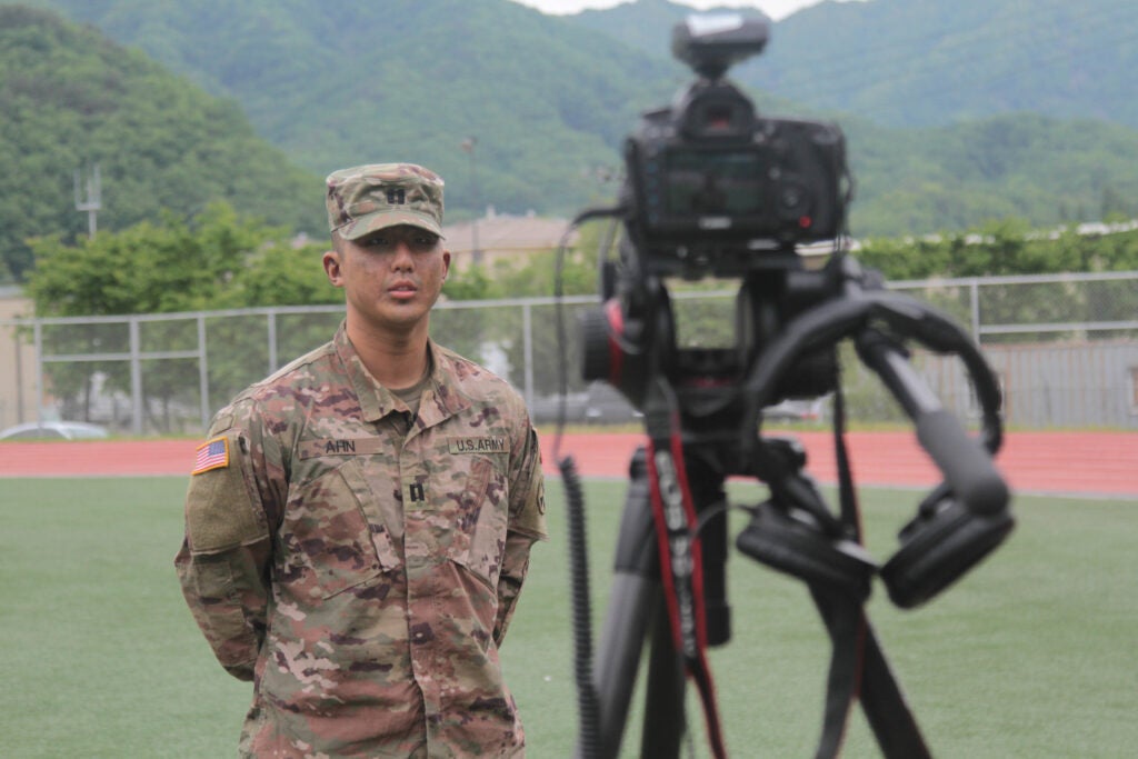 Capt. Justin Ahn, Headquarters and Headquarters Battalion, Eighth Army, answers questions in a mock interview during the media training event for the Eighth Army 2021 Best Warrior Competition at Camp Casey, South Korea, May 10, 2021. The media event tests each Soldier’s ability to maintain military bearing and professionalism, as well as demonstrate basic concepts for conducting successful on-camera interviews.  (U.S. Army photo by Pfc. Taylor Gray/20th Public Affairs Detachment)