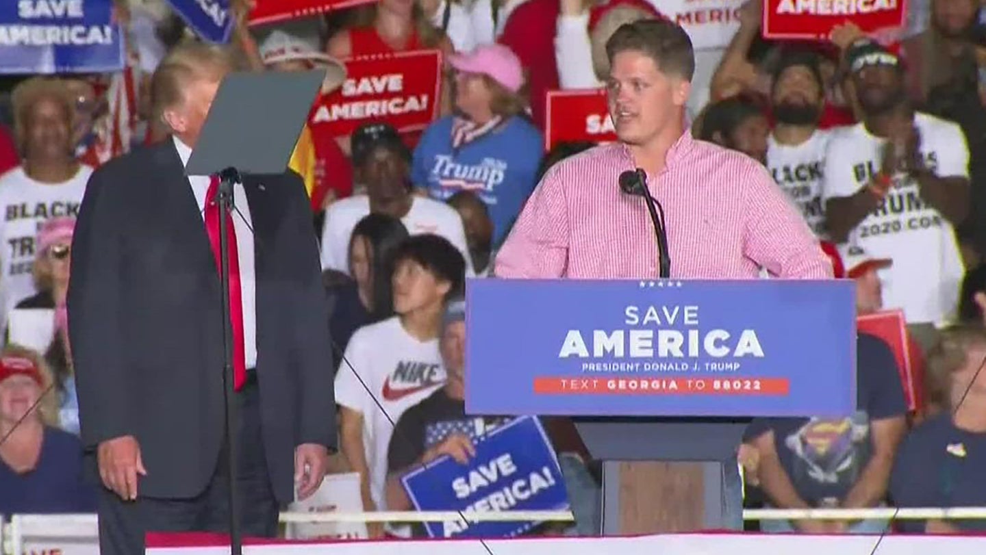 Lance Cpl. Hunter Clark at a recent rally for former President Donald Trump. (11 Alive/YouTube)