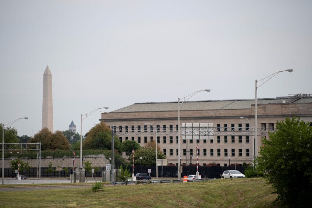 Photo taken on Aug. 3, 2021 shows the Pentagon in Arlington, Virginia, the United States. The Pentagon lifted the lockdown roughly an hour and a half after multiple gunshots were fired near the Metro bus platform outside the building on Tuesday morning. The Pentagon Force Protection Agency, which sent out a lockdown alert following the "shooting event," said at the noon time that the facility reopened and the "scene of the incident is secure" though remains an active crime scene. (Photo by Liu Jie/Xinhua via Getty Images)