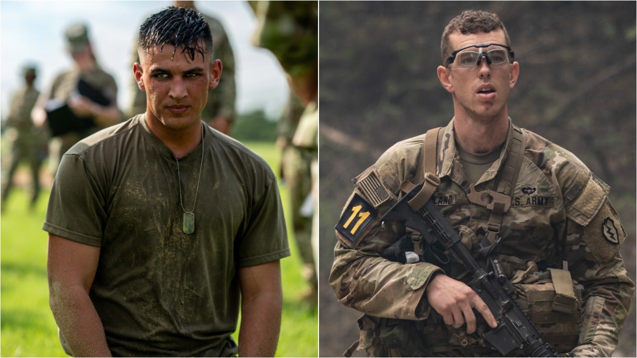 Left: U.S. Army Spc. Justin Earnhart takes a break after completing an obstacle course during the Army Futures Command Best Warrior Competition, June 8, 2021. (U.S. Army/Sgt. David Cook) Right: Sgt. Adam Krauland patrols an area during the Casualty Evacuation mission as part of the 2021 U.S. Army Best Warrior Competition, Oct. 4, 2021, at Fort Knox, Ky. (U.S. Army/Sgt. Roger Houghton/177th Armored Brigade Public Affairs)