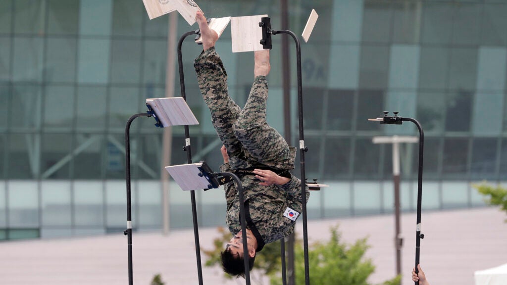 In this Thursday, May 30, 2019, file photo, South Korean soldiers show their skills of martial arts during a drill as part of the Ulchi Taeguk exercises in Goyang, South Korea. The four-day exercises will include massive civilian evacuation drills and a South Korea-only military drill aimed at preparing for war situations and disasters. (AP Photo/Lee Jin-man, File)