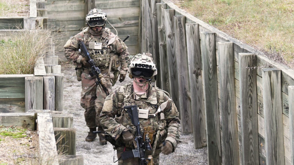 Soldiers from the 82nd Airborne Division used the latest prototype of the Integrated Visual Augmentation System (IVAS) during a trench clearing exercise in October at Fort Pickett, Va., on Oct. 27, 2020. 
