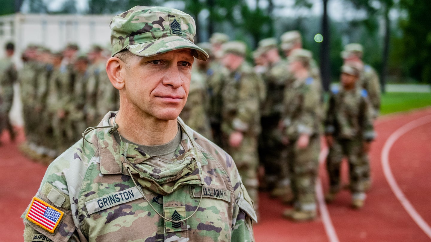 Sgt. Maj. of the Army Michael Grinston visits the Maneuver Center of Excellence and Fort Benning to observe one station unit training including the 1st 100 Yards, a training event to teach Warrior Ethos and esprit de corps, Oct. 22, 2020. (U.S. Army/Patrick A. Albright)