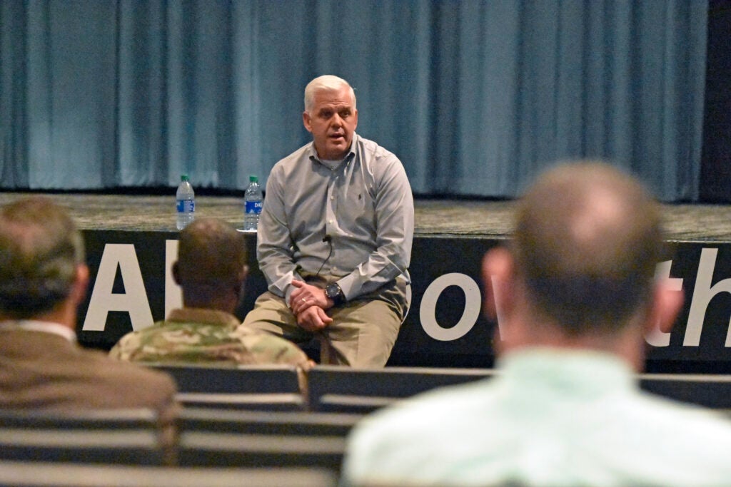Under Secretary of the Army Christopher Lowman speaks with with Army Civilians during a town hall meeting at Fort Rucker, Alabama, Sept. 24, 2021.  (U.S. Army photo by Lt. Col. Andy Thaggard)