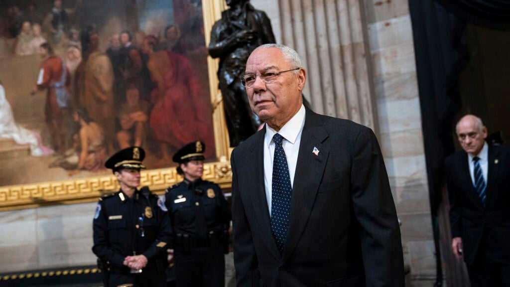 FILE PHOTO:  Former Chairman of the Joint Chiefs of Staff and former Secretary of State Colin Powell arrives to pay his respects at the casket of the late former President George H.W. Bush as he lies in state at the U.S. Capitol, December 4, 2018 in Washington, DC. (Photo by Drew Angerer/Getty Images)