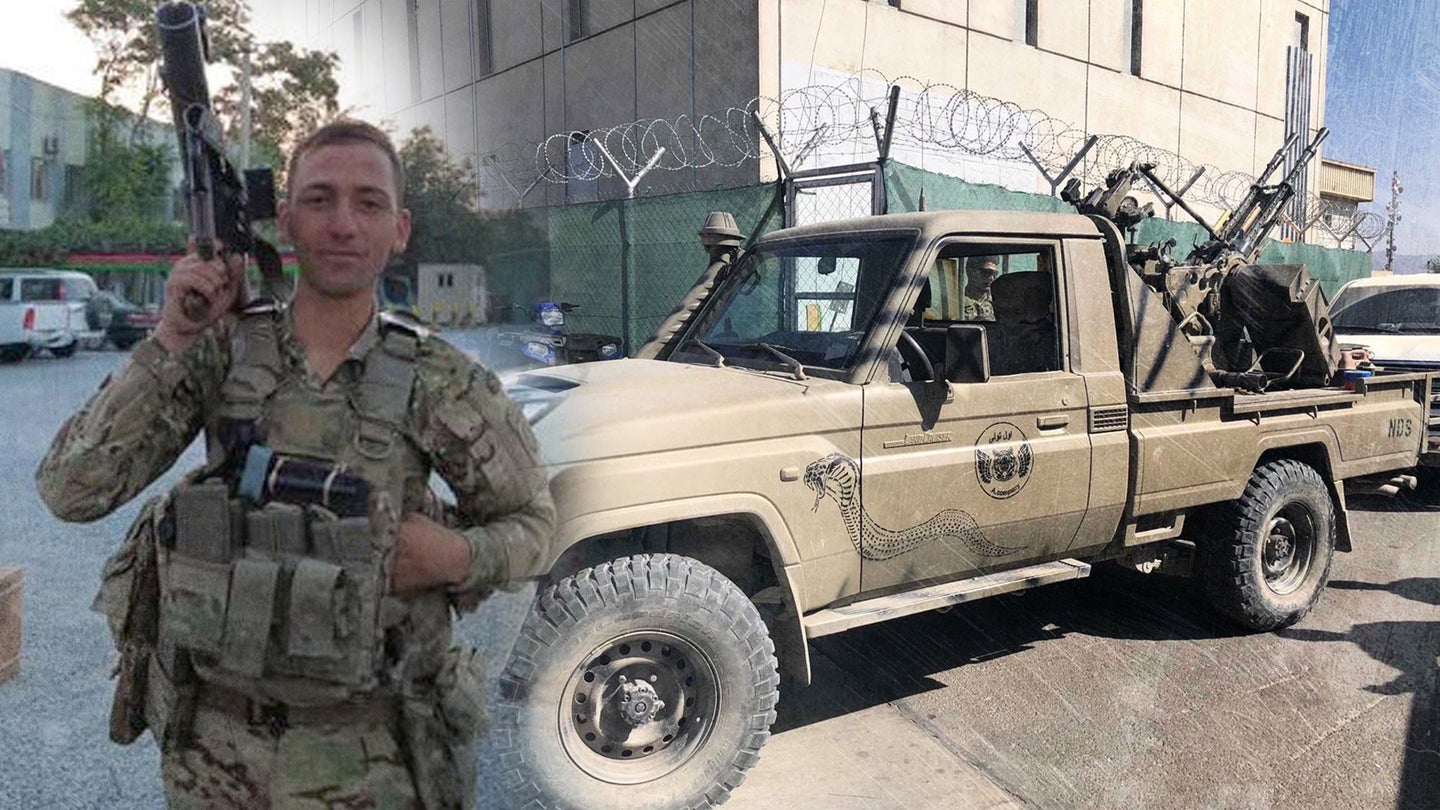 A photo composite showing Spc. Alsajjad Al Lami alongside the Toyota technical at the Hamid Karzai International Airport in Kabul, Afghanistan.