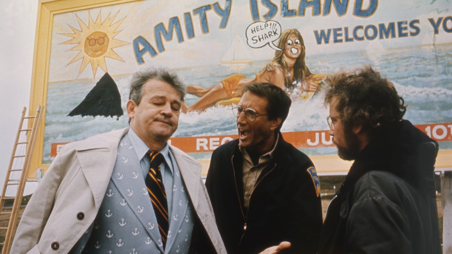 American actors Murray Hamilton, Roy Scheider, and Richard Dreyfuss on the set of Jaws, directed by Steven Spielberg. (Photo by Sunset Boulevard/Corbis via Getty Images)