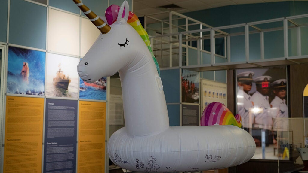 The Coast Guard Museum at the Coast Guard Academy in New London, Connecticut, proudly displays the blown up unicorn float from the Coast Guard Cutter Kimball shark attack, Oct. 1, 2020. 
(U.S. Coast Guard photo by PA3 Matthew Thieme.)