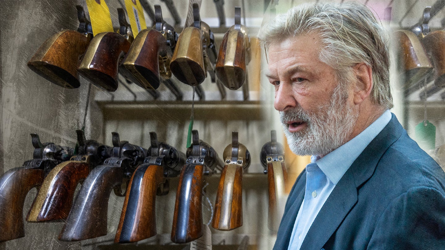 A photo composite showing actor Alec Baldwin over a photo of prop guns. An investigation is ongoing into a deadly firearm incident that took place on Oct. 21 on the New Mexico set of "Rust." (Photo of Baldwin by Mark Sagliocco/Getty Images for National Geographic. Prop gun photo by DAVID MCNEW/AFP via Getty Images)