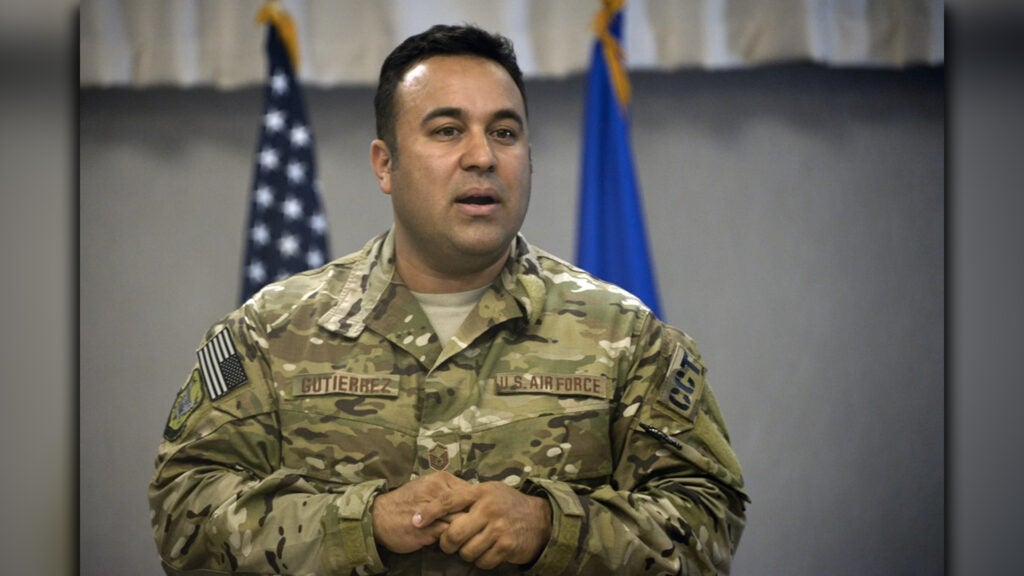 Master Sgt. Robert Gutierrez Jr., Battlefield Airmen Training Group, speaks to Airmen of the 29th Intelligence Squadron, during their Heritage Day ceremony May 18, 2018, in Laurel, Maryland. (U.S. Air Force photo by Staff Sgt. Alexandre Montes)