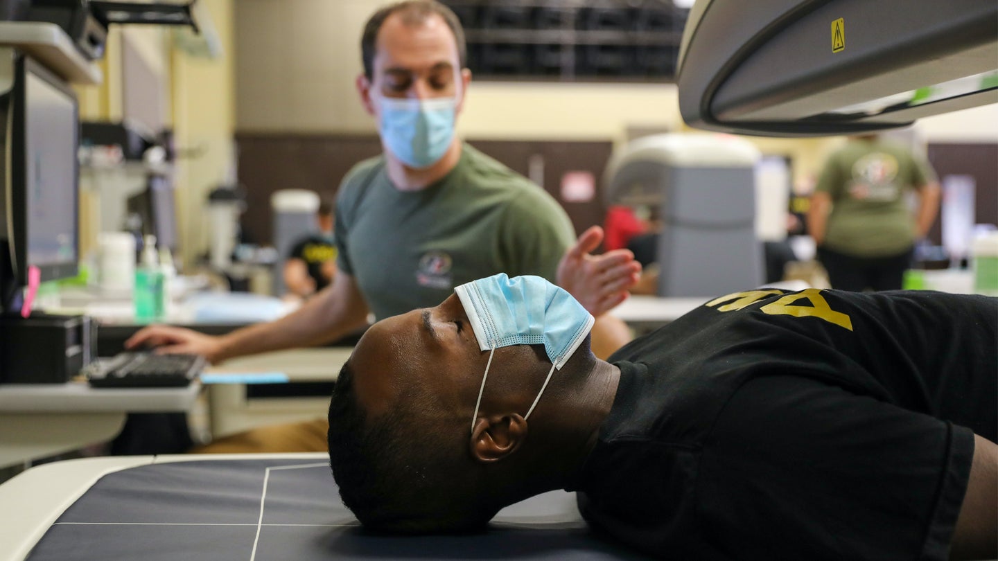 A U.S. Army Soldier receives a Dual-energy x-ray absorptiometry scan at Fort Bragg, N.C. on Oct. 18, 2021. (U.S. Army/Pfc. Lilliana Fraser)