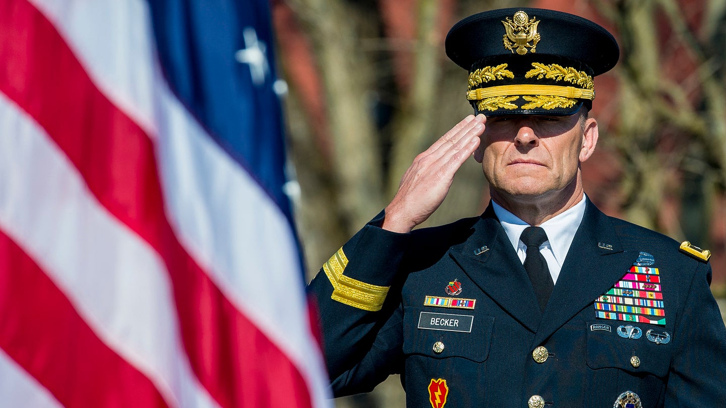Then-Maj. Gen. Bradley A. Becker, the commander of Joint Force Headquarters - National Capitol Region and U.S. Army Military District of Washington, salutes while the national anthem plays during a President's Day ceremony at President George Washington's Mount Vernon Estate in Alexandria, Va., Feb. 20, 2017. (U.S. Army photo by Zane Ecklund)
