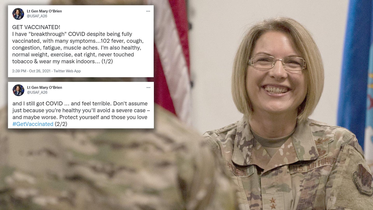 A photo composite showing then-Maj. Gen. Mary F. O’Brien alongside screenshots of her recent tweets. (U.S. Air Force photo by Senior Airman Gage Daniel/Screenshots via Twitter)