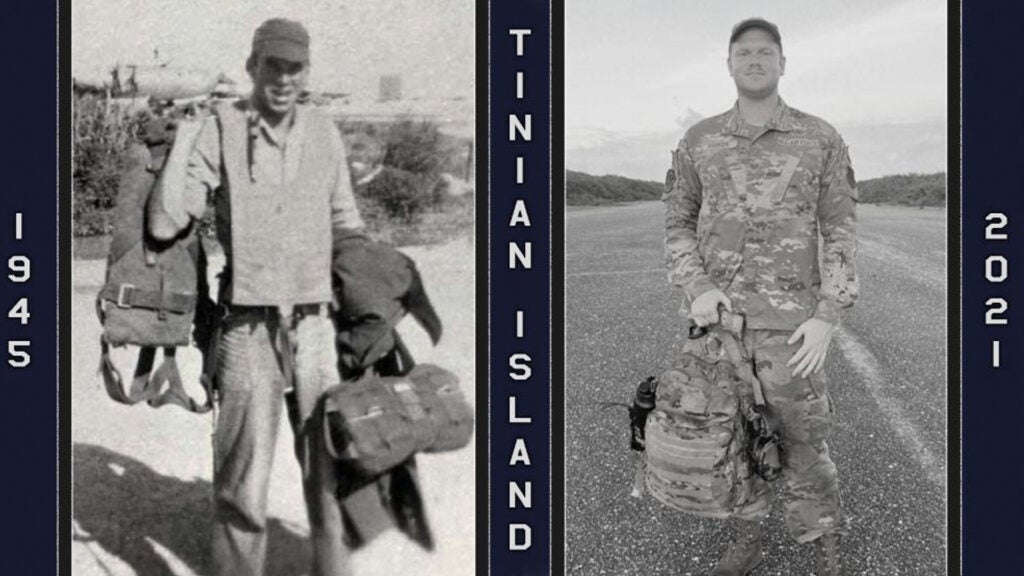 U.S. Army Air Forces Sgt. Charles “Charley” Wilson, B-29 Superfortress tail gunner and flight engineer, (left), pose for a photo on Tinian, August, 1945. U.S. Air Force Tech. Sgt. Parker Dawson, electrical and environmental systems craftsman, 389th Fighter Squadron, (right), recreates the photo of his grandfather as part of Operation PACIRON on Tinian, Northern Mariana Islands, July, 2021. Located northeast of Guam and southwest of Saipan, Tinian is one of 14 islands that make up the Northern Mariana Islands. (U.S. Air Force photo illustration by Staff Sgt. Austin Siegel)