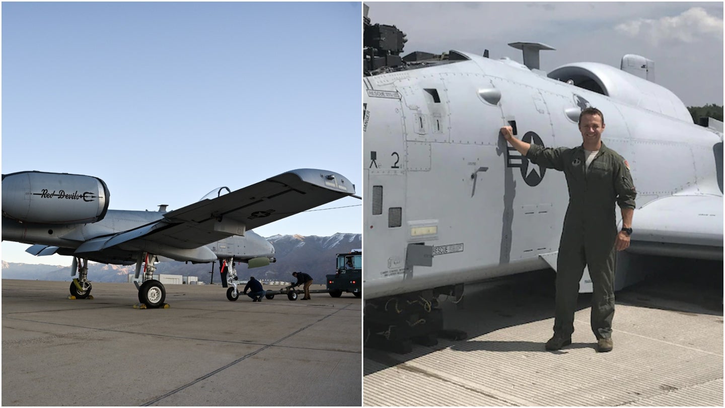 Left: A-10 tail number 80-0264, is towed to the flight line at Hill Air Force Base, Utah, Oct. 22, 2021 after three years of repairs. Right: then-Capt. Brett DeVries, an A-10 Thunderbolt II pilot of the 107th Fighter Squadron from Selfridge Air National Guard Base, posed next to the aircraft he safely landed after a malfunction forced him to make an emergency landing July 20, 2017. (Air Force photos by R. Nial Bradshaw, Terry Atwell)