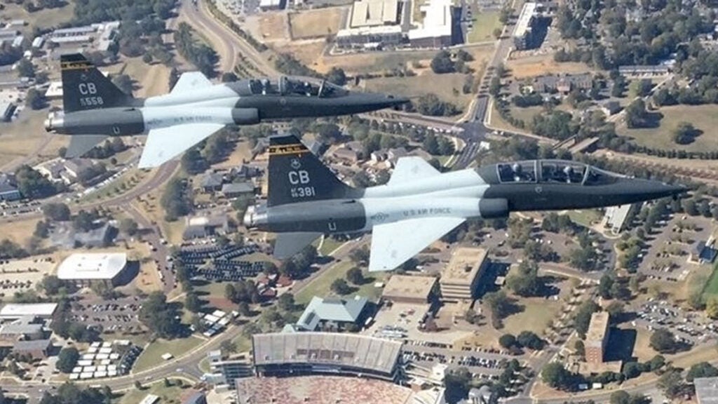 Military Appreciation Day was celebrated at Davis Wade Stadium, Mississippi State University in Starkville, Miss., with a flyover of two T-38C Talons from the 14th Flying Training Wing, Columbus Air Force Base on Nov. 05, 2016. (Air Force photo by Mary Crump)