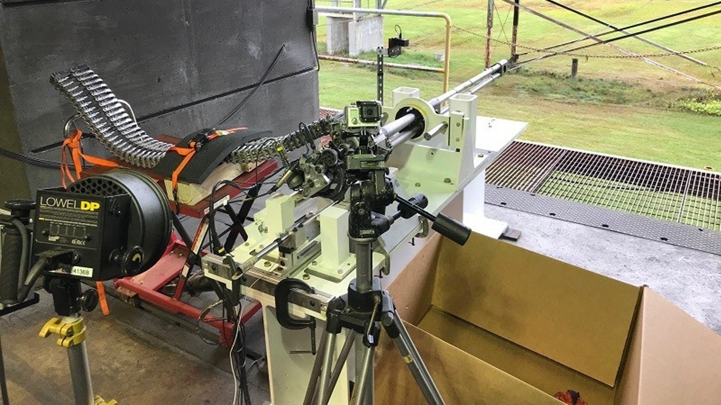 Test setup of developmental 20mm Gatling weapon for Future Attack Reconnaissance Aircraft Competitive Prototype. (U.S. Army)