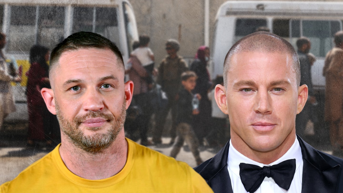 A photo composite showing actors Tom Hardy and Channing Tatum over an image of the Kabul evacuation in Afghanistan in August. Both actors have reportedly signed on for an untitled war drama about the rescue mission. (Photo of Tom Hardy by Dave J Hogan/Getty Images. Photo of Channing Tatum by Taylor Hill/WireImage. U.S. Marine Corps photo by Sgt. Isaiah Campbell)