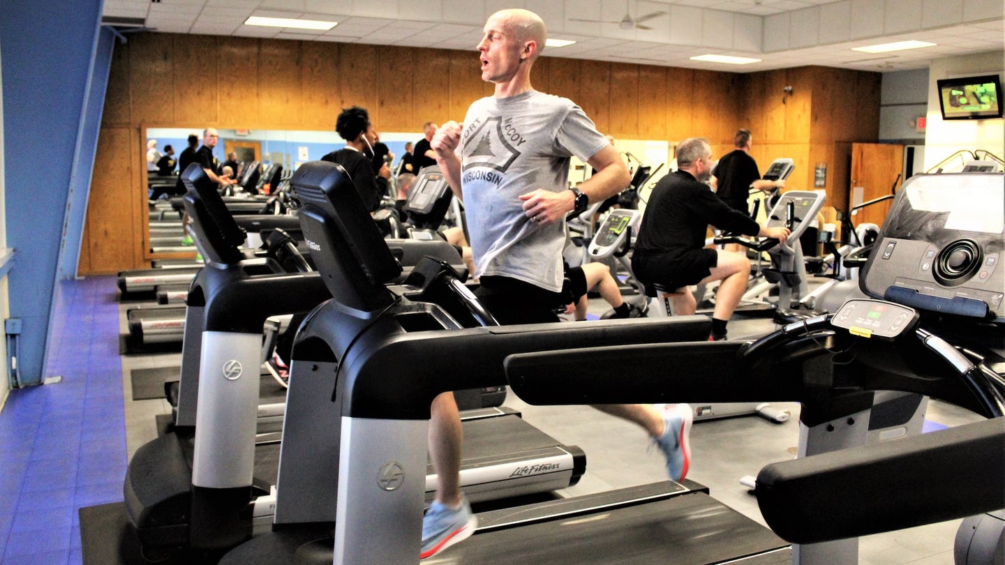 A Fort McCoy community member runs on a treadmill Oct. 18, 2017, at Rumpel Fitness Center at Fort McCoy, Wis.