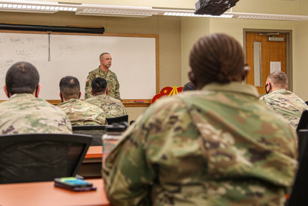 Command Sgt. Maj. Raymond Belk, 35th Air Defense Artillery Command Sergeant Major, conducts a non-commissioned officer professional development class on the Army's promotion system process from sergeant first class to sergeant major. Belk spoke of the importance of knowing the system and process in order to take control of you career.