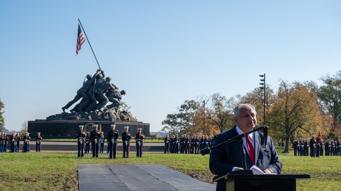 ARLINGTON, Va. (Nov. 10, 2021) — Secretary of the Navy Carlos Del Toro delivers remarks during a wreath-laying ceremony in honor of the U.S. Marine Corps' 246th birthday at the Marine Corps War Memorial, Arlington, Va., Nov. 10, 2021. (U.S. Navy photo by Mass Communication Specialist 2nd Class T. Logan Keown/Released)