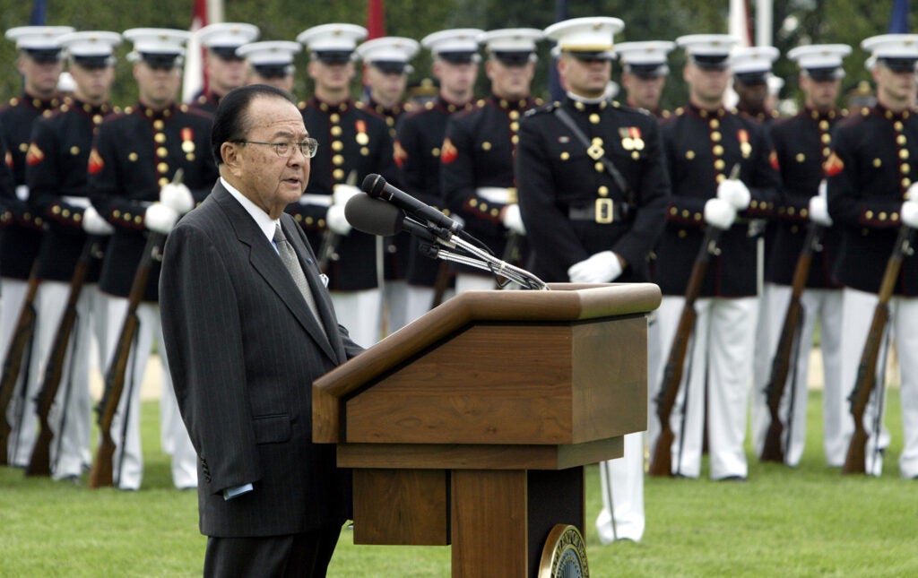 WASHINGTON - SEPTEMBER 14: Sen. Daniel Inouye (D-HI), speaks outside the Pentagon during the annual National POW/MIA Recognition Day ceremony on Tuesday, September 14, 2004. Inouye, who lost his arm in World War II combat, is a Medal of Honor recipient.  (Photo by Matthew Cavanaugh/Getty Images)