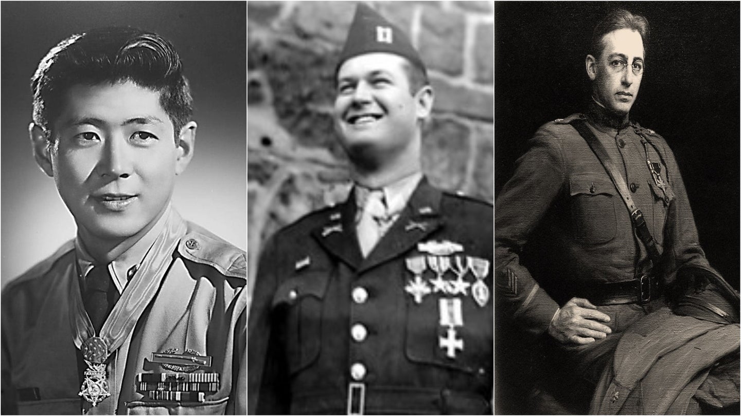Left to right: Cpl. Hiroshi H. Miyamura; Capt. Jessie W. Woodridge; Capt. Maurice L. “Footsie” Britt. (3rd Infantry Division)