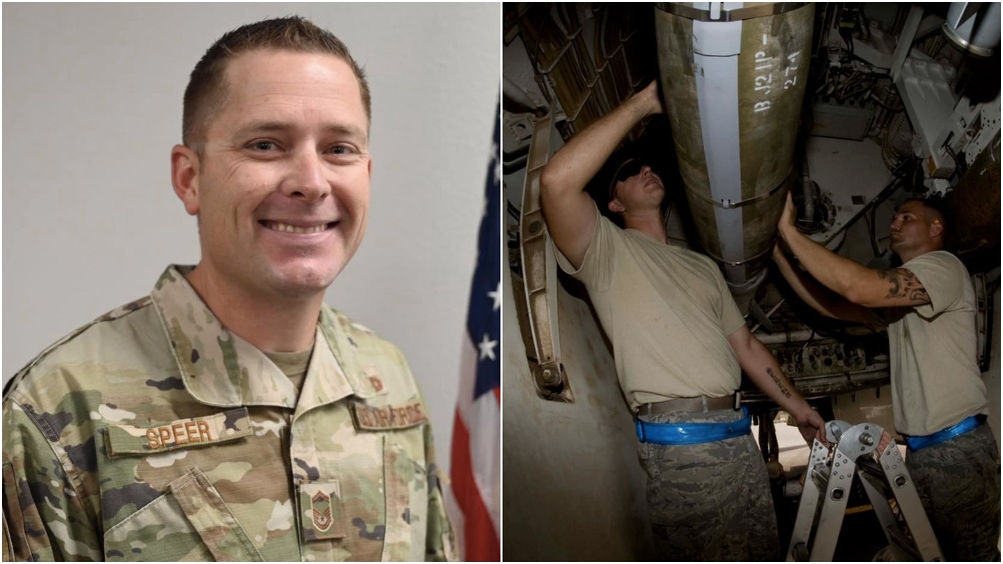 Left: Senior Master Sgt. Paul Speer made life easier for his fellow maintainers at Dyess Air Force Base with a new scheduling technique. Right: U.S. Air Force Tech. Sgt. Shawn Syma (left), weapons load team chief, and Staff Sgt. Duane Gross, weapons technician, inspects mid-arming lube on a GBU-54 during a load process in Southwest Asia, July 2, 2012. (Air Force photo / Staff Sgt. Shelia deVera)