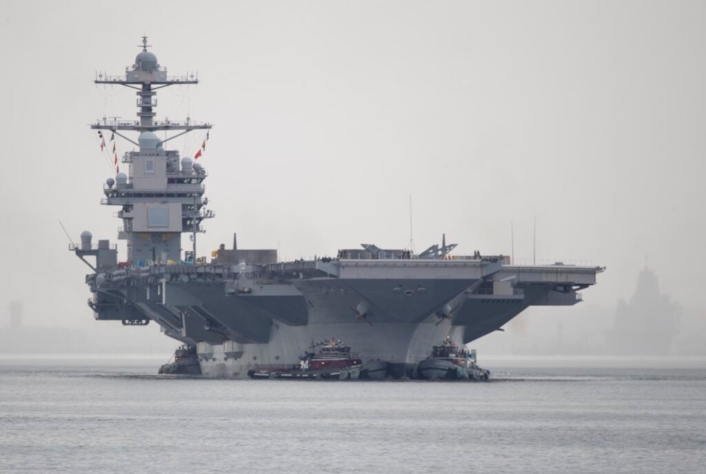 The aircraft carrier USS Gerald R. Ford (CVN 78) departed Naval Station Norfolk to transit to Newport News Shipyard in support of her Planned Incremental Availability (PIA), a six-month period of modernization, maintenance, and repairs, Aug. 20, 2021. (U.S. Navy photo by Mass Communication Specialist 1st Class William Spears)