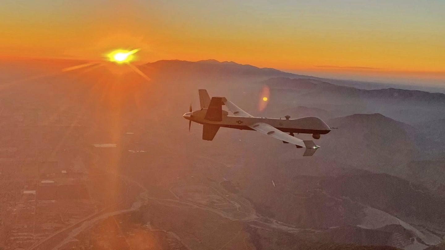 An MQ-9 Reaper remotely piloted aircraft flown by 163d Attack Wing pilot Lt. Col. Paul Brockmeier, with sensor operator Master Sgt. Anthony Martinez, views the smoky San Gabriel Mountains of southern California in transit to a fire mission in northern California, late August, 2020. (Photo courtesy of Chalk 2 for the 163d Attack Wing)