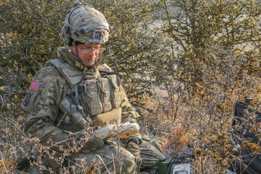 A U.S. Army Soldier assigned to the 2nd Cavalry Regiment prepares to control the AeroVironment RQ-11 Raven unmanned aerial vehicle, to scout out the opposing force during Dragoon Ready 21 at the Hohenfels Training Area, April 15, 2021. Daily training, conducted in realistic environments, under realistic circumstances, ensures our forces maintain the highest levels of proficiency and readiness for worldwide deployment. (U.S. Army photo by Spc. Zachary Bouvier)