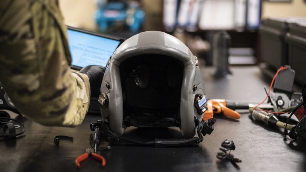 Airman 1st Class Marthinus Coetzee, 23d Operations Support Squadron aircrew flight equipment specialist, performs a 30-day inspection on an HGU-55/P helmet Feb. 13, 2020, at Moody Air Force Base, Georgia. (U.S. Air Force photo by Airman 1st Class Hayden Legg)