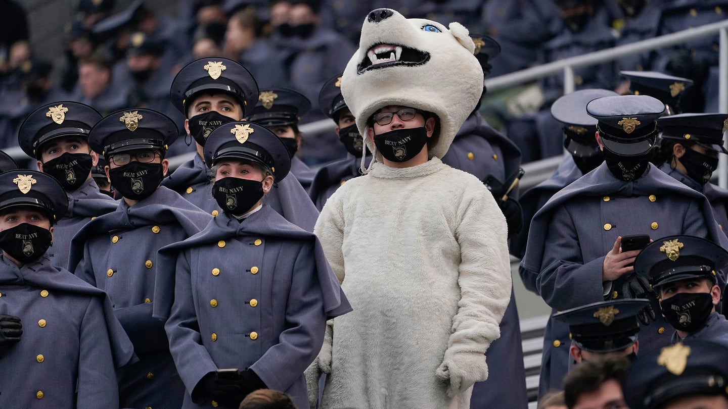 Army cadets attend an NCAA college football game against Navy on Saturday, Dec. 12, 2020, in West Point, N.Y. (AP Photo/Andrew Harnik)