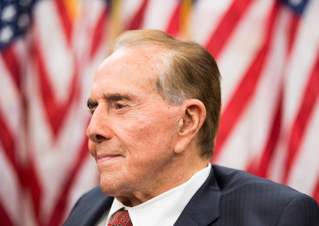 UNITED STATES - JULY 27: Former Senate Majority Leader Bob Dole, R-Kan., participates in the news conference in the Capitol Visitor Center marking the 25th anniversary of the Americans with Disabilities Act on Monday, July 27, 2015. (Photo By Bill Clark/CQ Roll Call)