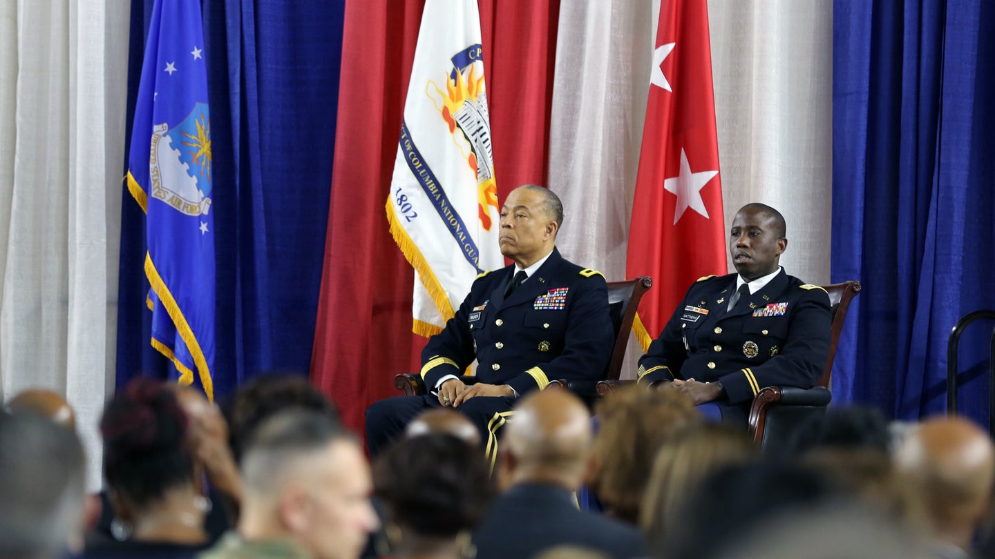 Maj. Gen. William J. Walker, Commanding General, District of Columbia National Guard, hosts the promotion ceremony for Lt. Col. Earl G. Matthews, on Nov. 3, 2018, on the drill floor of the D.C. National Guard Armory, in Washington, D.C. (U.S. Army/Sgt. Tyrone Williams)